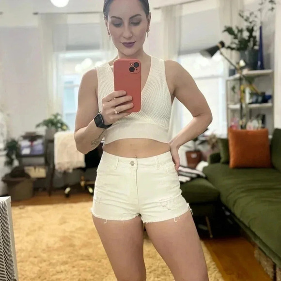 Topshop Moto Hallie White Distressed Denim Shorts Sz 4 - Picture 1 of 6